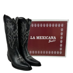 Bota Country Feminina La Mexicana Bico Fino Cano Alto Com Zíper Couro Preto Com Bordado Branco Sola Top Ruber Ref: 03515