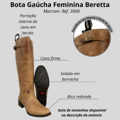 Bota Gaúcha Beretta Feminina Montaria Couro Fóssil Madeira- Solado Montana Ref:3006