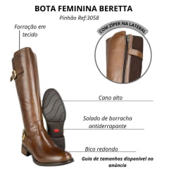 Bota Gaúcha Feminina Beretta Montaria Pinhão Solado Montana Cano Com Desenho Zíper Elástico Ref:3058