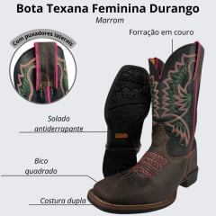 Bota Texana Feminina Durango Couro Marrom Cano Com Bordado Rosa/Verde E Florão Rosa