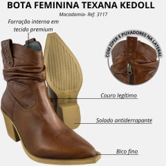 Bota Texana Feminina Kedoll Arara Brasil Bico Fino Macadâmia Cano Baixo Zíper - Ref:3117