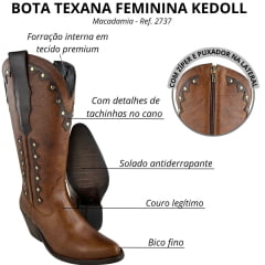 Bota Texana Feminina Kedoll Arara Brasil Bico Fino Macadâmia/Tabaco Zíper Detalhe Marrom/Dourado - Ref:2737