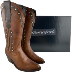 Bota Texana Feminina Kedoll Arara Brasil Bico Fino Macadâmia/Tabaco Zíper Detalhe Marrom/Dourado - Ref:2737