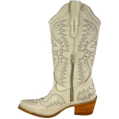 Bota Texana Feminina Vimar Bico Fino Couro Milano Gelo Tachinha Prata Sola Luchese Natural 10287