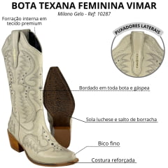 Bota Texana Feminina Vimar Bico Fino Couro Milano Gelo Tachinha Prata Sola Luchese Natural 10287