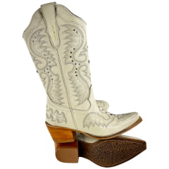 Bota Texana Feminina Vimar Bico Fino Couro Milano Gelo Tachinha Prata Sola Luchese Natural 10287