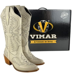 Bota Texana Feminina Vimar Bico Fino Couro Milano Gelo Tachinha Prata Sola Luchese Natural 10287