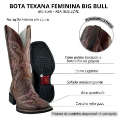 Bota Texana Feminina Big Bull Couro Fóssil/Sela Bordado Rosa E Branco REF: 909.324C