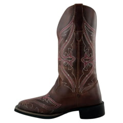 Bota Texana Feminina Big Bull Couro Fóssil/Sela Bordado Rosa E Branco REF: 909.324C