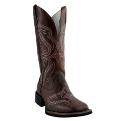 Bota Texana Feminina Big Bull Couro Fóssil/Sela Bordado Rosa E Branco REF: 909.324C