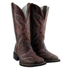 Bota Texana Feminina Big Bull Couro Fóssil/Sela Bordado Rosa E Branco REF: 909.324C