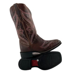 Bota Texana Feminina Big Bull Couro Fóssil/Sela Bordado Rosa E Branco REF: 909.324C