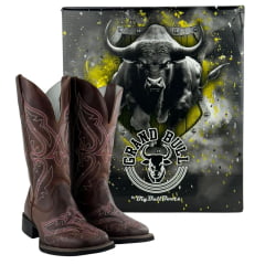 Bota Texana Feminina Big Bull Couro Fóssil/Sela Bordado Rosa E Branco REF: 909.324C