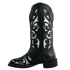 Bota Texana Feminina Big Bull Couro Fóssil/Preto Bordado Laser Fundo Prata REF: 909-L897