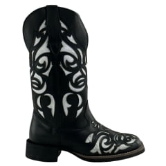 Bota Texana Feminina Big Bull Couro Fóssil/Preto Bordado Laser Fundo Prata REF: 909-L897