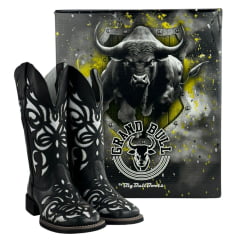 Bota Texana Feminina Big Bull Couro Fóssil/Preto Bordado Laser Fundo Prata REF: 909-L897