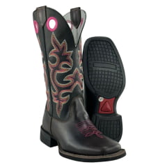 Bota Texana Feminina Big Bull Couro Marrom/Preto Cano Bordado Florão Rosa REF: 909.323F Bota Texana Feminina Big Bull Couro Marrom/Preto Cano Bordado Florão Rosa REF: 909.323F
