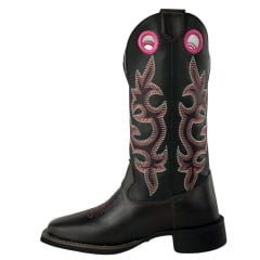 Bota Texana Feminina Big Bull Couro Marrom/Preto Cano Bordado Florão Rosa REF: 909.323F