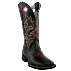 Bota Texana Feminina Big Bull Couro Marrom/Preto Cano Bordado Florão Rosa REF: 909.323F