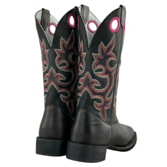 Bota Texana Feminina Big Bull Couro Marrom/Preto Cano Bordado Florão Rosa REF: 909.323F