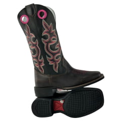 Bota Texana Feminina Big Bull Couro Marrom/Preto Cano Bordado Florão Rosa REF: 909.323F