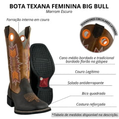 Bota Texana Feminina Big Bull Couro Rústico/Mostarda Cano Bordado Florão Laranja