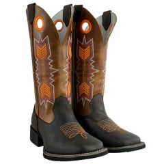 Bota Texana Feminina Big Bull Couro Rústico/Mostarda Cano Bordado Florão Laranja