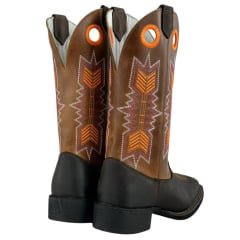 Bota Texana Feminina Big Bull Couro Rústico/Mostarda Cano Bordado Florão Laranja