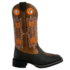 Bota Texana Feminina Big Bull Couro Rústico/Mostarda Cano Bordado Florão Laranja