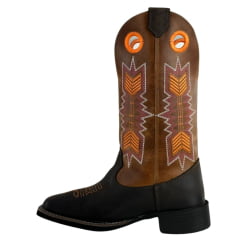 Bota Texana Feminina Big Bull Couro Rústico/Mostarda Cano Bordado Florão Laranja