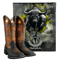 Bota Texana Feminina Big Bull Couro Rústico/Mostarda Cano Bordado Florão Laranja