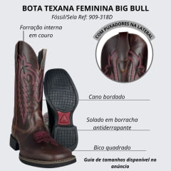 Bota Texana Feminina Big Bull Boots Bico Quadrado Couro Fóssil/Sela Cano Bordado E Florão Rosa Ref:909-318D