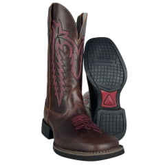 Bota Texana Feminina Big Bull Boots Bico Quadrado Couro Fóssil/Sela Cano Bordado E Florão Rosa Ref:909-318D