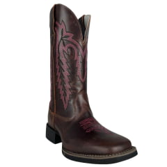 Bota Texana Feminina Big Bull Boots Bico Quadrado Couro Fóssil/Sela Cano Bordado E Florão Rosa Ref:909-318D