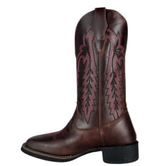 Bota Texana Feminina Big Bull Boots Bico Quadrado Couro Fóssil/Sela Cano Bordado E Florão Rosa Ref:909-318D