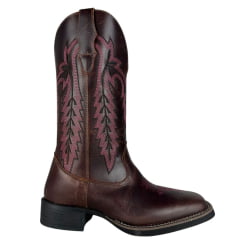 Bota Texana Feminina Big Bull Boots Bico Quadrado Couro Fóssil/Sela Cano Bordado E Florão Rosa Ref:909-318D