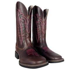 Bota Texana Feminina Big Bull Boots Bico Quadrado Couro Fóssil/Sela Cano Bordado E Florão Rosa Ref:909-318D