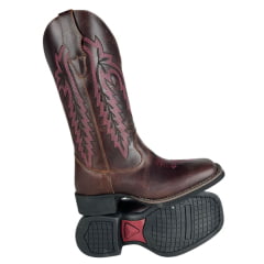 Bota Texana Feminina Big Bull Boots Bico Quadrado Couro Fóssil/Sela Cano Bordado E Florão Rosa Ref:909-318D