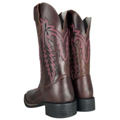 Bota Texana Feminina Big Bull Boots Bico Quadrado Couro Fóssil/Sela Cano Bordado E Florão Rosa Ref:909-318D