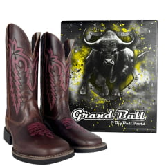 Bota Texana Feminina Big Bull Boots Bico Quadrado Couro Fóssil/Sela Cano Bordado E Florão Rosa Ref:909-318D