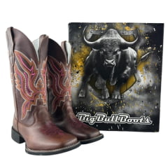 Bota Texana Feminina Big Bull Boots Couro Fóssil Cela Bordado Bico Quadrado Ref:909