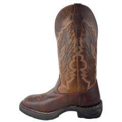 Bota Texana Feminina Big Bull Boots Couro Fóssil Cela Mostarda Bordado Bico Quadrado Ref:909