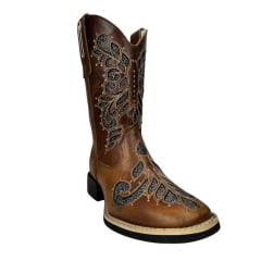 Bota Texana Feminina Big Bull Boots Couro Fóssil Mostarda B. Quadrado C/ Bordado Fundo Brilho Prata Ref:900-L397