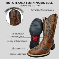 Bota Texana Feminina Big Bull Boots Couro Fóssil Mostarda B. Quadrado C/ Bordado Fundo Brilho Prata Ref:900-L397