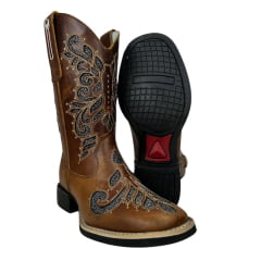 Bota Texana Feminina Big Bull Boots Couro Fóssil Mostarda B. Quadrado C/ Bordado Fundo Brilho Prata Ref:900-L397