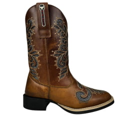 Bota Texana Feminina Big Bull Boots Couro Fóssil Mostarda B. Quadrado C/ Bordado Fundo Brilho Prata Ref:900-L397