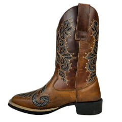 Bota Texana Feminina Big Bull Boots Couro Fóssil Mostarda B. Quadrado C/ Bordado Fundo Brilho Prata Ref:900-L397