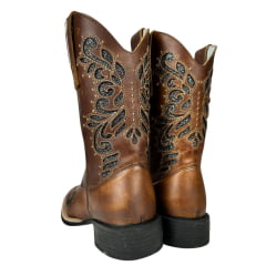 Bota Texana Feminina Big Bull Boots Couro Fóssil Mostarda B. Quadrado C/ Bordado Fundo Brilho Prata Ref:900-L397