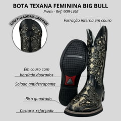 Bota Texana Feminina Big Bull Boots Couro Fóssil Preto B. Quadrado C/ Bordado Bege C/ Fundo Dourado Brilho Ref:909-LI96