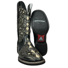 Bota Texana Feminina Big Bull Boots Couro Fóssil Preto B. Quadrado C/ Bordado Bege C/ Fundo Dourado Brilho Ref:909-LI96